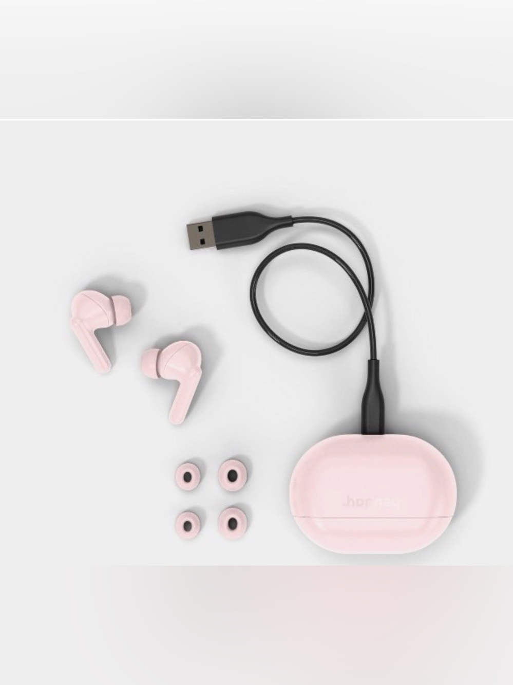 heyday Pink True Wireless Earbuds with Matching Pink Case and Charging Cable